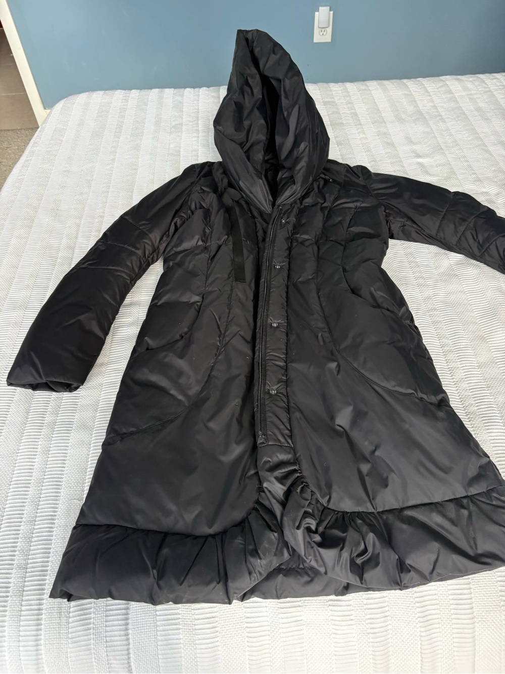 Tahari Black Hooded Long Puffer Coat